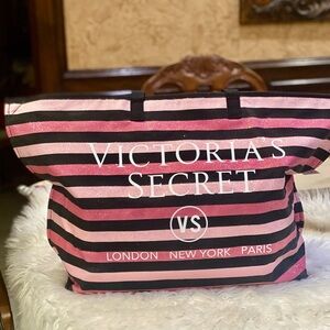 Large Victoria’s Secret Striped Glitter Pink Canvas Tote. Excellent condition.